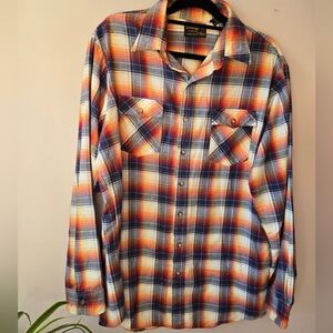 Vintage 70s Sears Thumbs Up Sunset Plaid Flannel Shirt - XL Tall